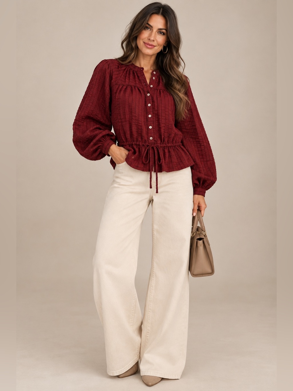 GIGIO Wine Textured Drawstring Peplum Blouse - Picture 3 of 5